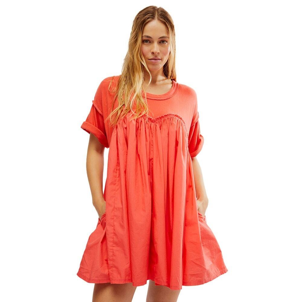 Free People Catalina Mini Dress Size XS Orange Mixed Media Babydoll Tunic Cuffed